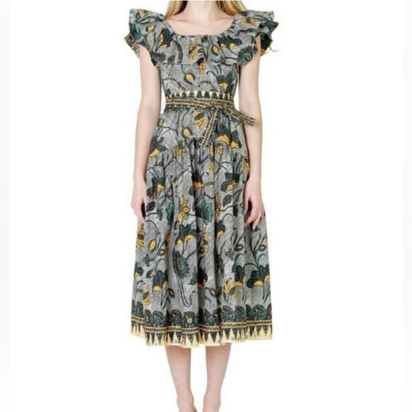 Ulla Johnson Amira Midi Dress Portofino Floral Multi Print Ruffle Neck NEW 14 - Picture 1 of 14